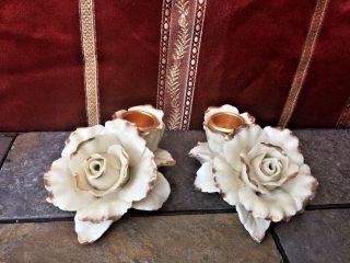 Vintage Avon China Porcelain Gold Tip White Rose Candle Taper Holders Set Of 2