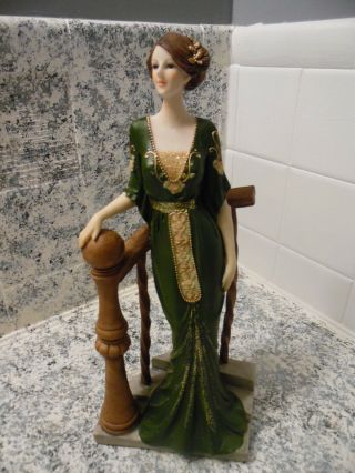 Vintage Porcelain Lady Figurine 12 " Tall In A Long Green Dress With Gold Trim