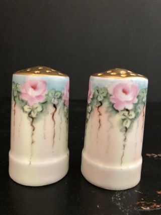 Vintage Porcelain Gold Top Pink Cascading Roses Hand Painted Salt Pepper Shakers