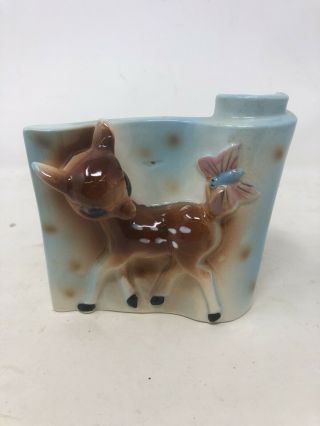 Vintage Ceramic Planter With Bambi Deer Fawn Figure On Front And Butterfly Mcm