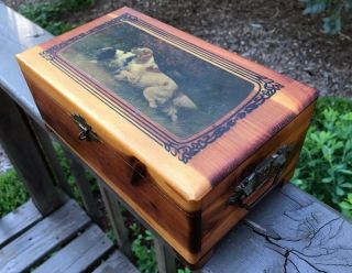 Vintage Small Cedar Chest Jewelry Box With Hunting Dogs Scene On Lid
