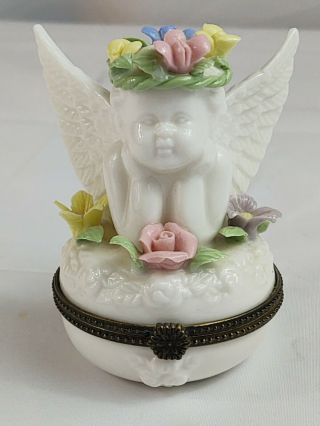 Vintage Porcelain Cherub Angel Trinket Box Hinged Lid With Flowers Figurine Art