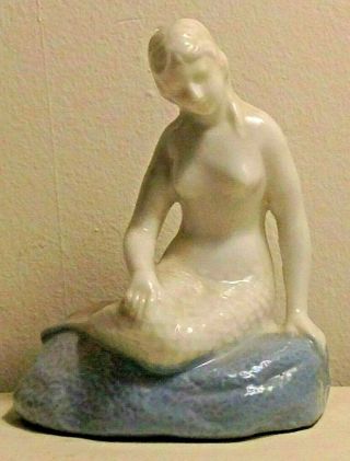 Rare Old Vintage Blue & White Glazed China Mermaid Siren On Rock Statue Figure