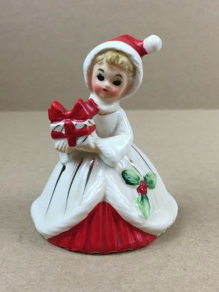 Vintage Josef Originals Christmas Bell Girl W/present Ceramic Figurine Japan