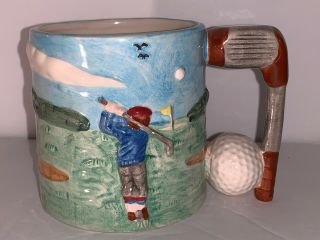 Rare Vintage Golf Coffee Cup Mug Ceramic Golf Club Handle 3d Golf Course Scene
