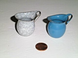2 Vtg Miniature Graniteware | Enamelware Pitchers 1 - 1/2 " Blue|gray Speckled