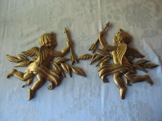 Vintage Pr Gold Metal Cherub Cupid Angels Wall Hanging Sexton Set