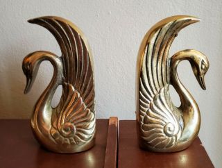 Vintage Solid Brass Art Deco Swan Bird Book Ends Bookends