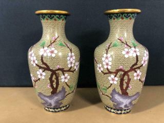 Vintage Pair Brass Chinese Cloisonne Enamel Vases Floral Bird Design