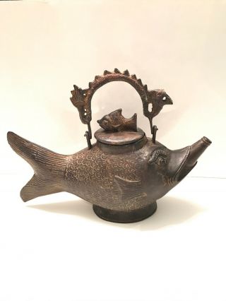 Vintage Asian Display Decorative Metal Teapot W/fish Motif Handle Design
