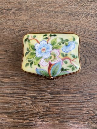 Lovely Hand - Painted Limoges Box Yellow With Flowers And Leaves (made In France)