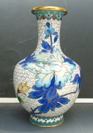 Vintage Chinese Cloisonne Vase White W/ Blue Flowers 6 " Tall