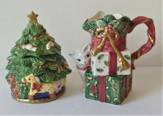 Fitz And Floyd Christmas Tree And Kitten With Presents Sugar And Creamer Set Euc