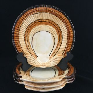 Set Of 4 Vtg Salad Plates By Fitz & Floyd Brown Ceramic Clam Seashell Japan