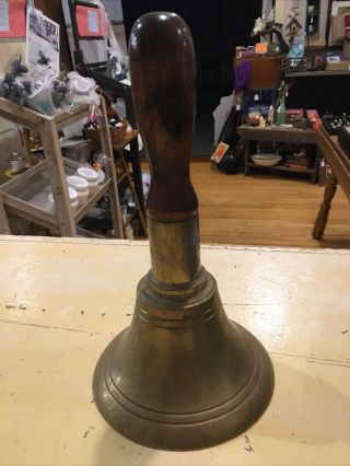 Vintage Brass School Bell With Wooden Handle Loud Ring