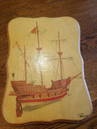 Unique Vintage Ship Print Wood Plaque Nautical Decor Maritime 70s Retro
