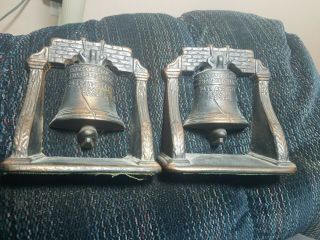 Vintage Cast Iron Metal Liberty Bell Bookends With Copper Bronze Finish