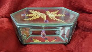 Vintage Beveled Glass Clear Trinket Jewelry Box Pressed Flowers Hinged Lid Chain