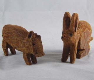 Hand Carved Wooden Farm Animals Bunny Rabbit & Pig Figurines Vintage Rustic Toys