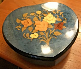 Vintage Inlaid Italian Blue Reuge Music Box " Edelweiss " Swiss Movement - Floral