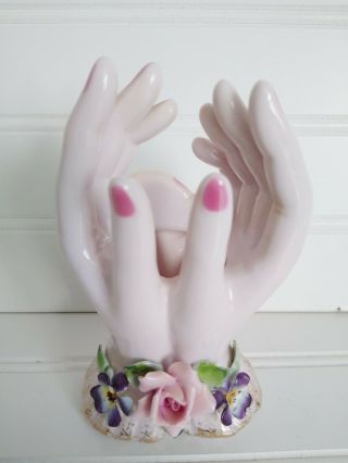 Lefton Ladies Cupped Hand Vase Pink Roses Vintage 50 