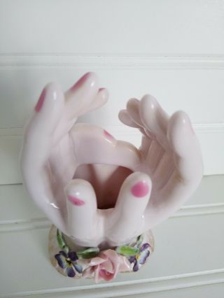 Lefton LADIES CUPPED HAND VASE Pink Roses Vintage 50 ' s Porcelain 2