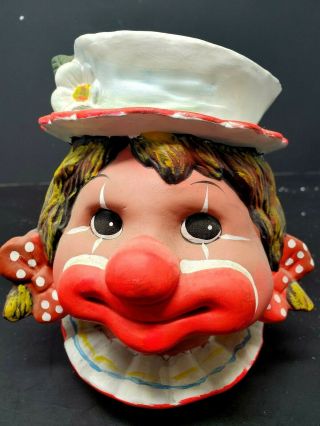 Vintage Enesco Ceramic Female Circus Clown Head Vase Planter 1977