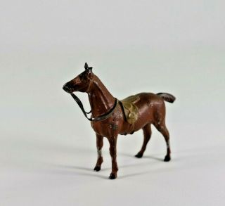 Vintage German Cold Painted White Metal Brown Horse With Saddle And Reins