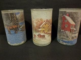 3 Vintage Currier And Ives American Christmas Farm Scene Winter Sugar Candle 5 "