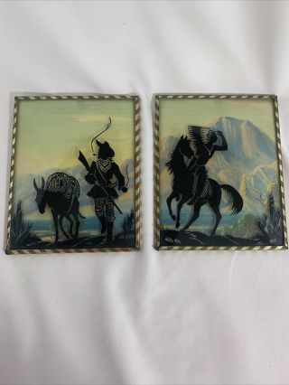 Pair Vintage Cowboy And Indian Reverse Painted Convex Glass Silhouette