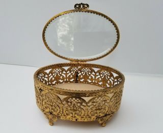 Vintage Gold Tone Ormolu Filigree Jewelry Casket Trinket Box 6.  5x5.  5x3