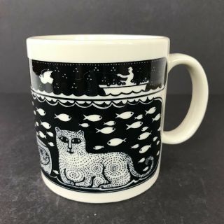 Taylor & Ng Cat And Fish In Ocean Vintage Coffee Mug/cup Black & Off - White 1970s