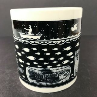 Taylor & Ng Cat and Fish In Ocean Vintage Coffee Mug/Cup Black & Off - White 1970s 2