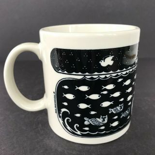 Taylor & Ng Cat and Fish In Ocean Vintage Coffee Mug/Cup Black & Off - White 1970s 3