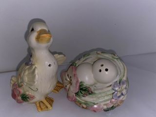 Fitz And Floyd Classics Duck Goose & Nest Of Eggs Salt And Pepper Shakers