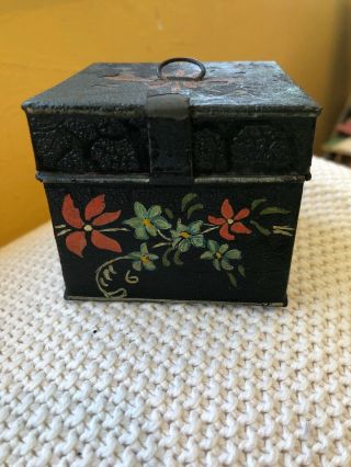 Vintage Antique Hand Painted Small Tin Metal Curio Trinket Box - 2.  75” X 2.  5”.