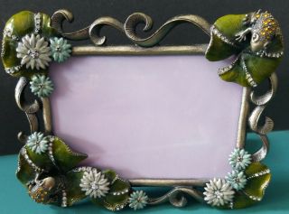 Enamel Rhinestone Picture Frame Frogs Sitting On Lily Pads 3 ¹/² " X 5 " Daisies