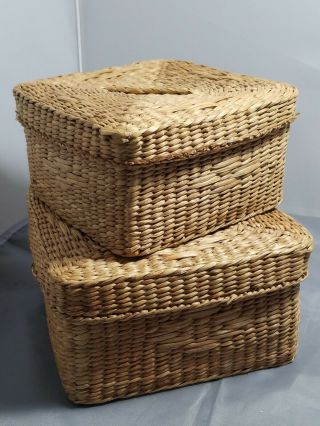 Vintage Sawgrass Woven Square Nesting Baskets With Lids - Set Of 2