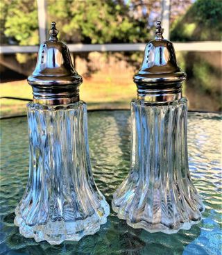 Vintage Leonard Cut Crystal Clear Glass 6 " Tall Salt & Pepper Shakers Chrome Lid