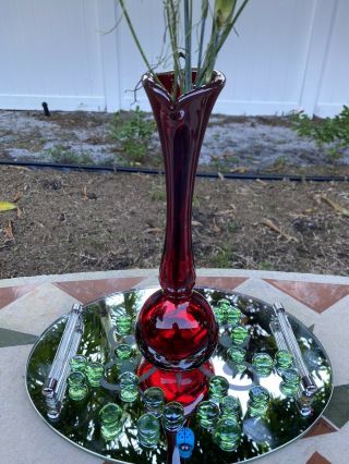 Vintage Ruby Red 10” Glass Swung Bud Vase Footed Pedestal