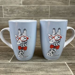 Fashion Animals Coffee Cups - Set Of Two (2) Mugs - Giraffe With Glasses