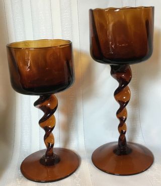 Vintage 2 Pc Amber Glass Twisted Swirl Stem Goblet Candle Holders
