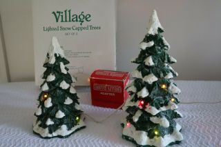 Dept 56 Retired Village Lighted Snow Capped Trees Set Of 2 52604 Blinking Lights