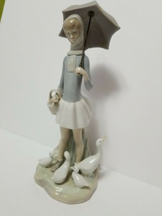Vintage Lladro Figurine Porcelain Girl With Umbrella & Geese Statue 72778 4028