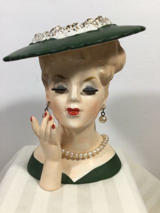Vintage Napco Lady Head Vase Planter C3342 Green Hat & Dress Pearls 1958