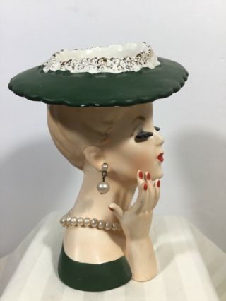 Vintage Napco Lady Head Vase Planter C3342 Green Hat & Dress Pearls 1958 2