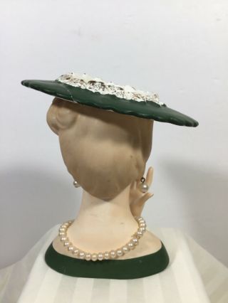 Vintage Napco Lady Head Vase Planter C3342 Green Hat & Dress Pearls 1958 3