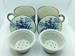 (2) Andrea By Sadek Tea Cups With Lid & Infuser Blue Sailing Ships Marina Scene