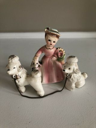 Vintage Ceramic Painted Girl Figurine With 2 Poodle Dogs On Chain Leashes