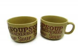 Vintage Soup And Crackers Mugs Stackable Bowls Set Of 2 Stoneware Handle Brown